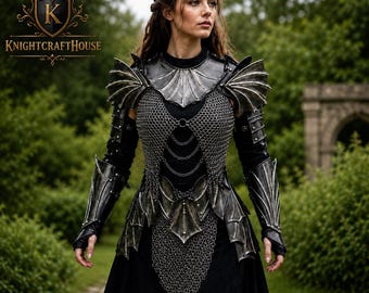 Medieval Lady Knight Dragon Wing Armor Costume , Fantasy Steel Armor Set with Chainmail Top & Skirt, LARP Cosplay Corset Armor Gift for her