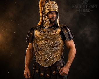 Roman Muscle Armor Cuirass with Helmet – Brass Big Eagle Chestplate, Gladiator Costume Breastplate - Larp Reenactment Halloween Cosplay .