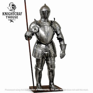 Statue de chevalier médiéval en acier gravé avec armure complète – Réplique grandeur nature