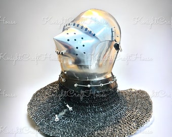 Medieval Helmet Rao Bascinet Pig Face Knight SCA LARP Armor Cosplay 16 guage Steel Helmet with Ripted chainmail.