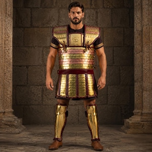 May include: A full-body shot of a person wearing gold and bronze armor. The armor includes a chest plate, skirt, and greaves. The armor is accented with red and brown leather. The person is wearing a black shirt and brown boots.