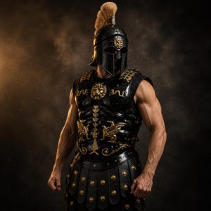 May include: A black and gold Spartan-style armor set featuring a helmet with a tan crest, a chest plate adorned with a central lion head emblem and winged figures, and a segmented skirt with gold studs, all crafted with a polished finish.