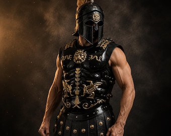 Black Roman Muscle Armor – Gladiator Corinthian Cuirass with Helmet & Leather Grieves , Halloween Costume