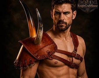 Horned Leather Pauldron Armor – Viking Shoulder Armor, Medieval Warrior Spaulder, LARP Leather Shoulder Guard, Fantasy Cosplay Costume
