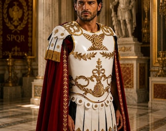 White Roman Muscle Armor Cuirass: Wearable Medieval Knight Breastplate - Gladiator Cosplay Cape - larp , reenacment & Halloween Costume .