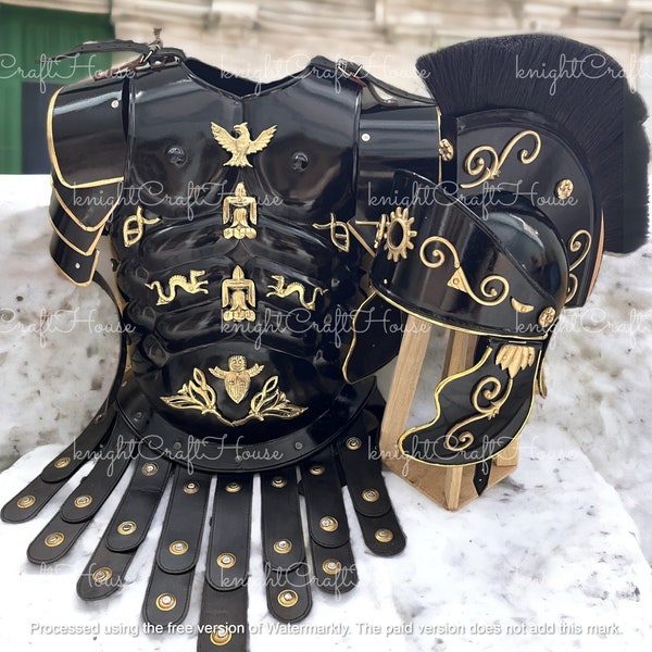 Roman Black Muscle Armor - Medieval Greek Gladiator Muscle Armor  Cuirass with Helmet and Shoulders - Spartan 300, Halloween Costume.