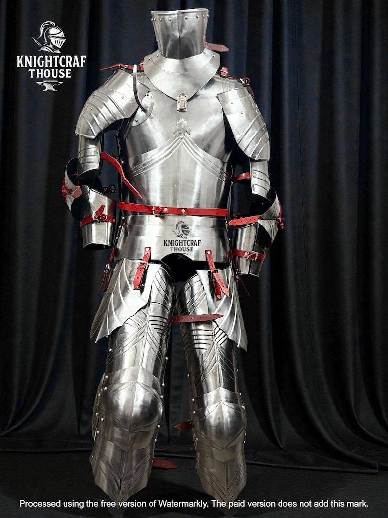 May include: A full suit of polished steel armor with red leather straps and accents. The armor includes a helmet, chest plate, arm and leg protection. The image includes the text "KNIGHTCRAF THOUSE".