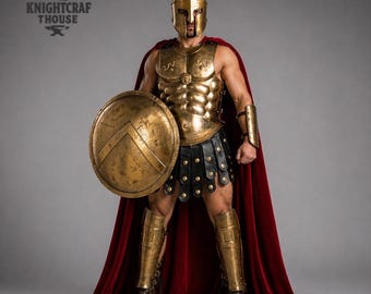 Medieval Roman Greek Spartan Muscle Armor Costume Set – Gladiator Cosplay Outfit , Corinthian Helmet with Cloak .