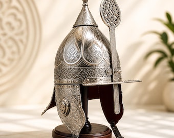 Etched Steel Ottoman Helmet, Islamic Warrior Helmet, Medieval Armor Replica, Decorative Collectible Display Piece