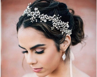 Rhinestone Rose Gold Hair Vine Pearl Wedding Headband Bohemian Headpiece for Brides- Bridal Hair Accessories