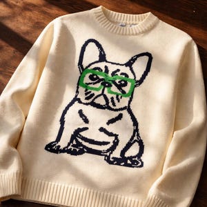 May include: Cream-colored sweater featuring a navy blue and green graphic of a French Bulldog wearing green glasses. The sweater has a ribbed crew neck, cuffs, and hem. A cozy and stylish addition to any wardrobe.