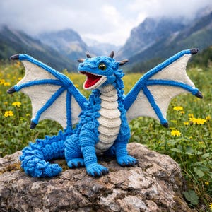 May include: A blue and white crocheted dragon with outstretched wings, perched on a rock. The dragon has a red mouth, green eyes, and a long tail. The wings are white with blue accents. The background features mountains and yellow flowers.