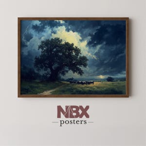 Breathtaking Storm Over Countryside with Majestic Oak and Grazing Cattle – Printable Wall Art Digital Download