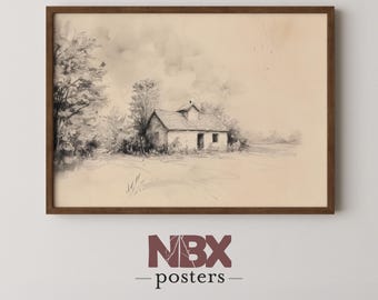 Vintage Rural Cottage Sketch – Printable Wall Art, Rustic Farmhouse Drawing, Timeless Country Scene