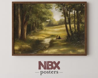 Golden Hour Meadow Printable Wall Art – Tranquil Countryside Picnic, Sunlit Landscape, Digital Download