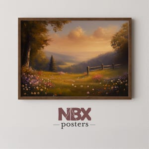 Golden Sunset Over a Wildflower Meadow - Printable Spring Landscape Wall Art Digital Download
