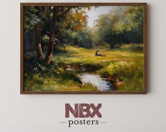 Wildflower Meadow Picnic Printable Wall Art – Tranquil Countryside Scene, Sunlit Landscape, Digital Download