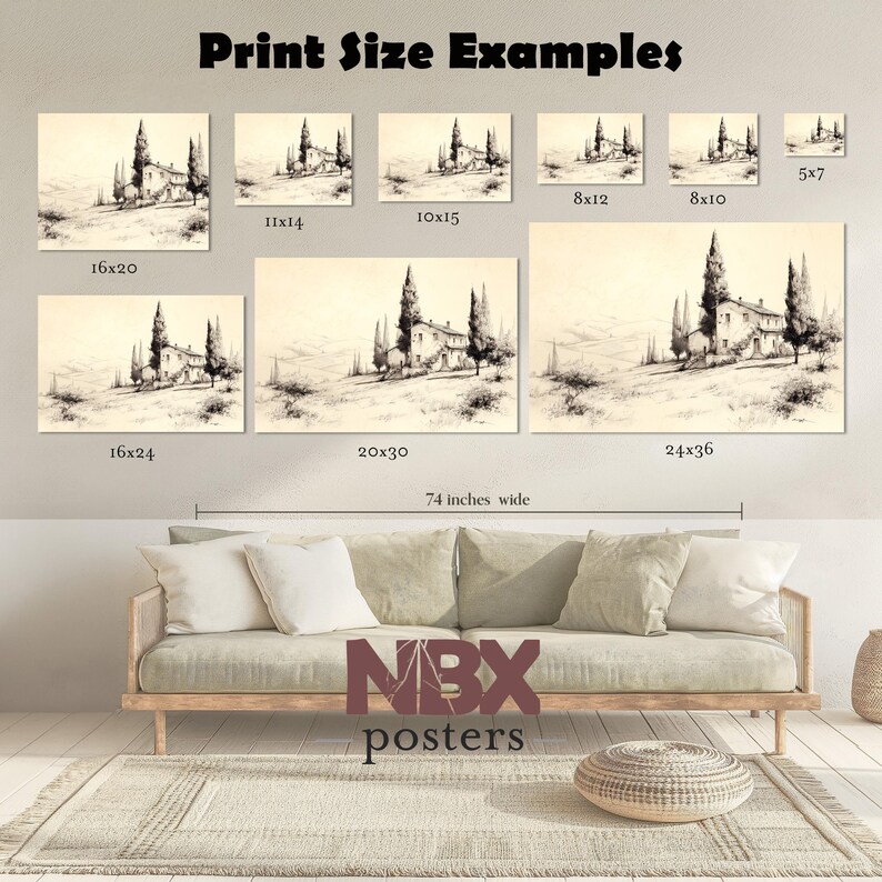 Tuscan Farmhouse Sketch Printable – Vintage Ink Landscape of Cypress ...