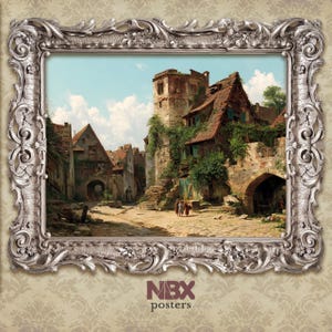 Charming Medieval Village Street with Ivy-Covered Stone Houses – Printable Wall Art