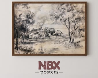Vintage Countryside Sketch – Rustic Farmhouse Ink Drawing, Printable Art