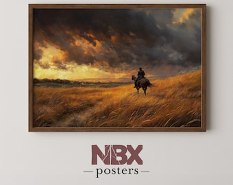 Cowboy Riding into a Dramatic Sunset on the Open Plains – Printable Wall Art Digital Download