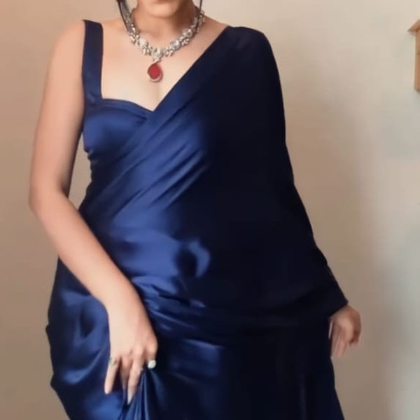 Solide blaue Farbe bereit zu tragen Satin Seide Saree, Designer Saree, Party Wear Saree, Hochzeit tragen Saree, Casual Saree, bereit zu tragen Saree