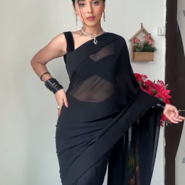 Ready to Wear Solid Plain Black Georgette Saree, Designer Saree, Party Wear Saree, Wedding Wear Saree, Casual saree, Ready to wear Saree