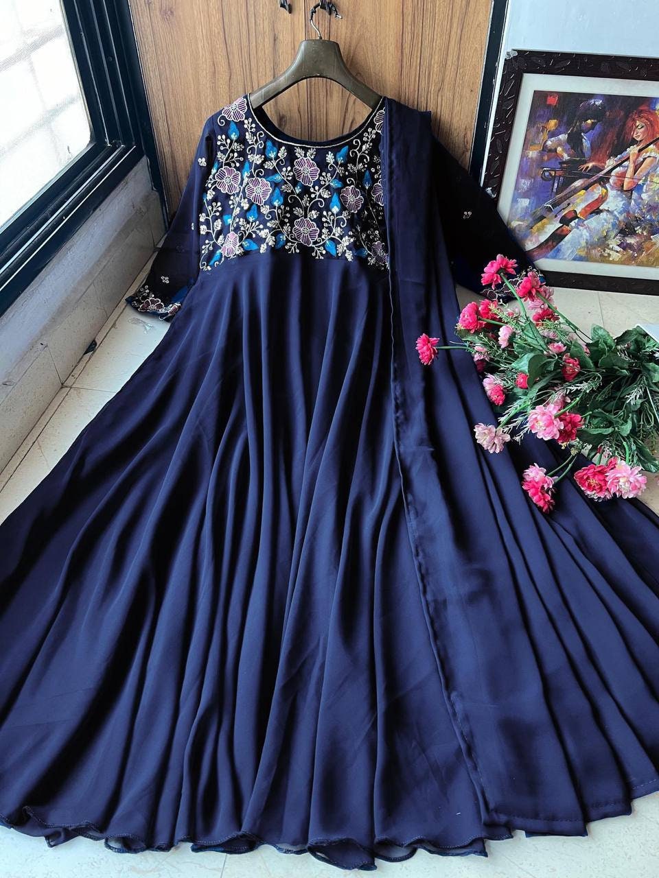 Printed One Shoulder Ethnic Gown with Dupatta