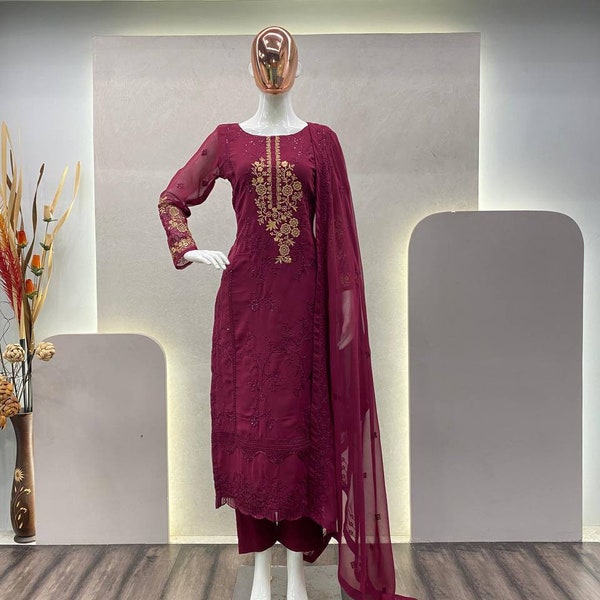 New Pakistani designer 3 Piece Embroidered Salwar Kameez with Dupatta, Salwar Kameez, Pakistani suit, Plus size Dress, Maroon Color dress