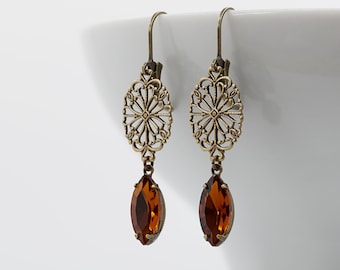 Art Deco Topaz Colour Drop Earrings, Bronze Art Nouveau Style, 1920s Jewellery
