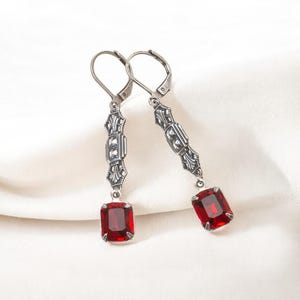 Art Deco Ruby Crystal Drop Earrings: 1920s Flapper Style