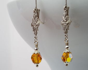 Edwardian Topaz Crystal Dangle Earrings: Sterling Silver Floral, 1920s Style