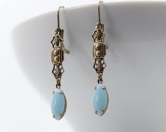 Art Deco Dangle Earrings: Blue Glass, Edwardian Style, Bronze Filigree