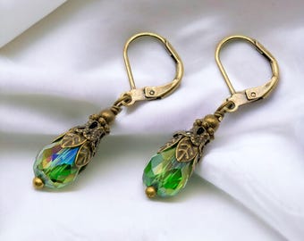Vintage Style AB Green Crystal Drop Earrings: Edwardian Bronze Filigree