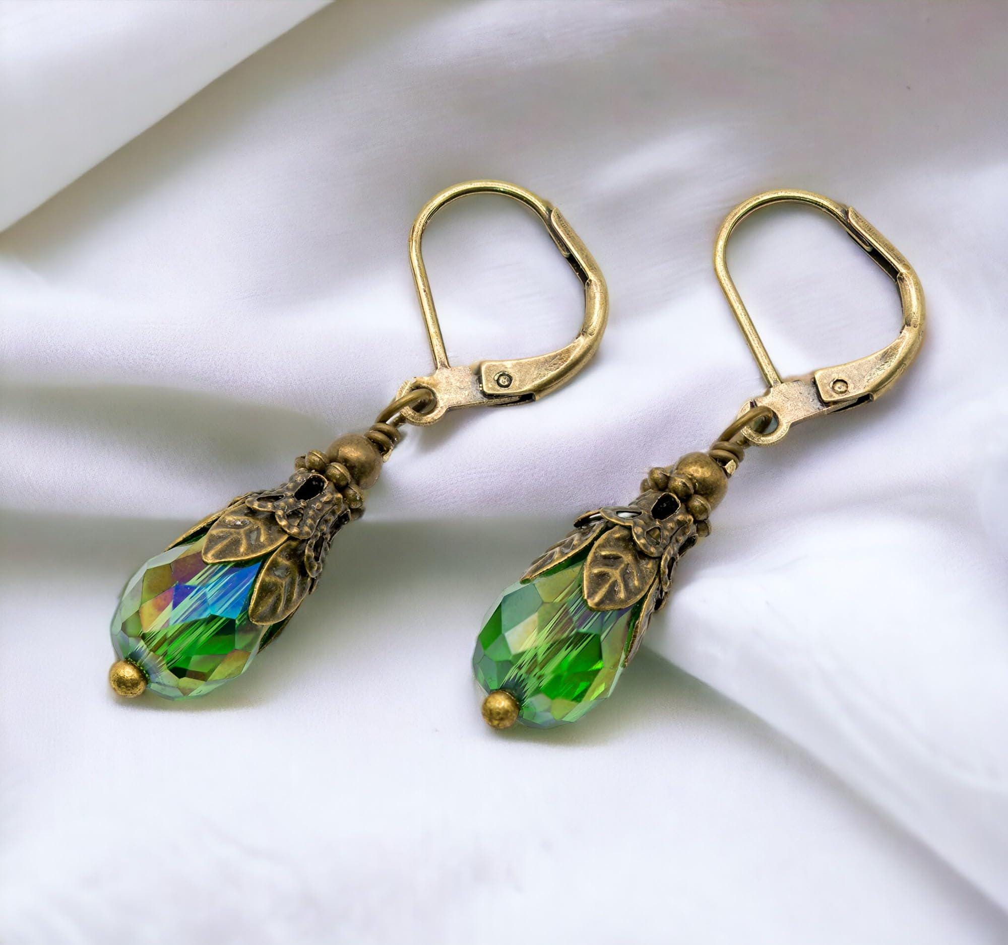 Vintage Style AB Green Crystal Drop Earrings: Edwardian Bronze