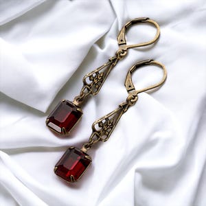 Art Deco Siam Ruby Drop Earrings: Bronze Art Nouveau Style