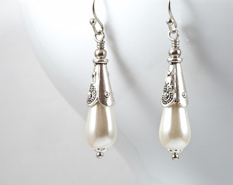 Edwardian Teardrop Pearl Earrings: Antiqued Silver Wedding Jewelry