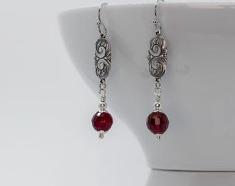 Vintage Style Silver Scroll Earrings: Red Crystal Edwardian Jewelry