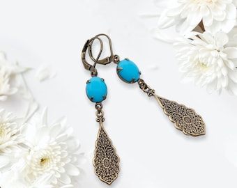 Art Deco Blue Chalcedony Drop Earrings: Vintage Bronze Regency Style
