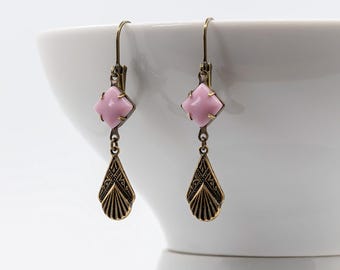 Art Deco Dangle Earrings: Blue Glass, Edwardian Style, Bronze Filigree