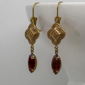 Art Nouveau Siam Ruby Drop Earrings: Bronze Plated Vintage Style