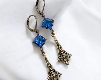 Art Deco Sapphire Blue Crystal Drop Earrings: Vintage Edwardian Style