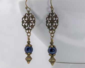 Edwardian Art Nouveau Earrings: Blue Crystal Pearls, Antique Bronze Filigree