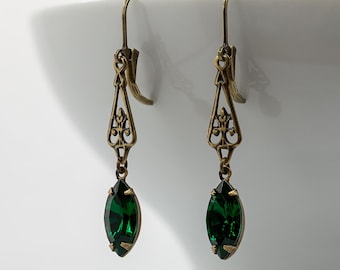 Emerald Green Drop Earrings: Art Nouveau Art Deco Jewelry 1920s