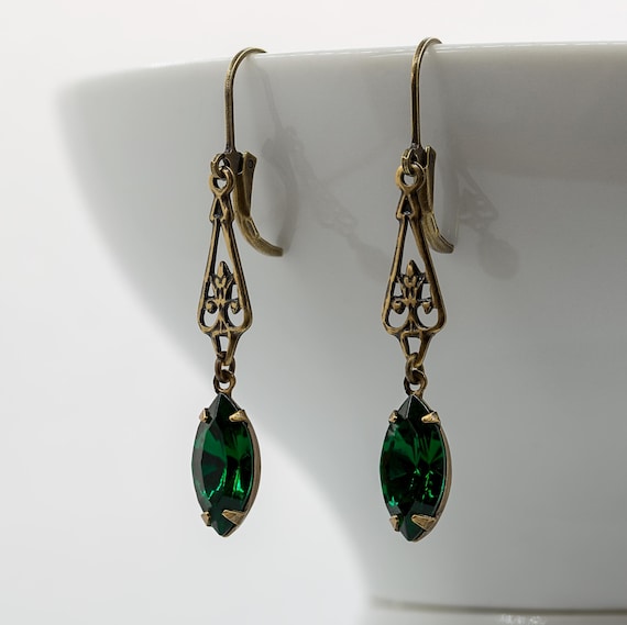Emerald Green Drop Earrings: Art Nouveau Art Deco Jewelry 1920s