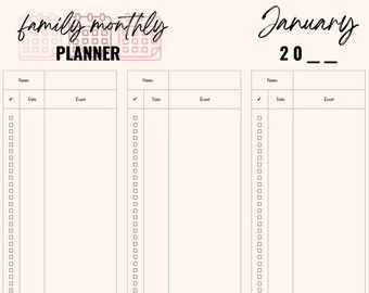 Family Monthly Planner, Organisation, Planner, Diary, Journal, Instant Printable Download