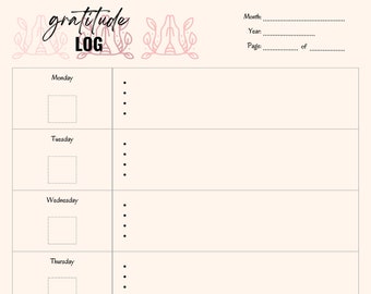 Gratitude Log MONDAY Start, Organisation, Planner, Diary, Journal, Instant Printable Download