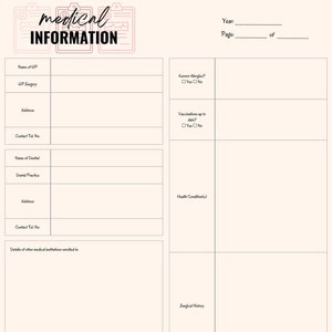 Medical Information, Organisation, Planner, Diary, Health, Instant Printable Download