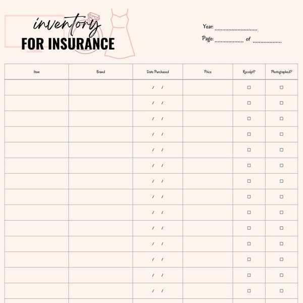 Inventory For Insurance, Organisation, Planner, Diary, Home, Contents, Insurance, Instant Printable Download