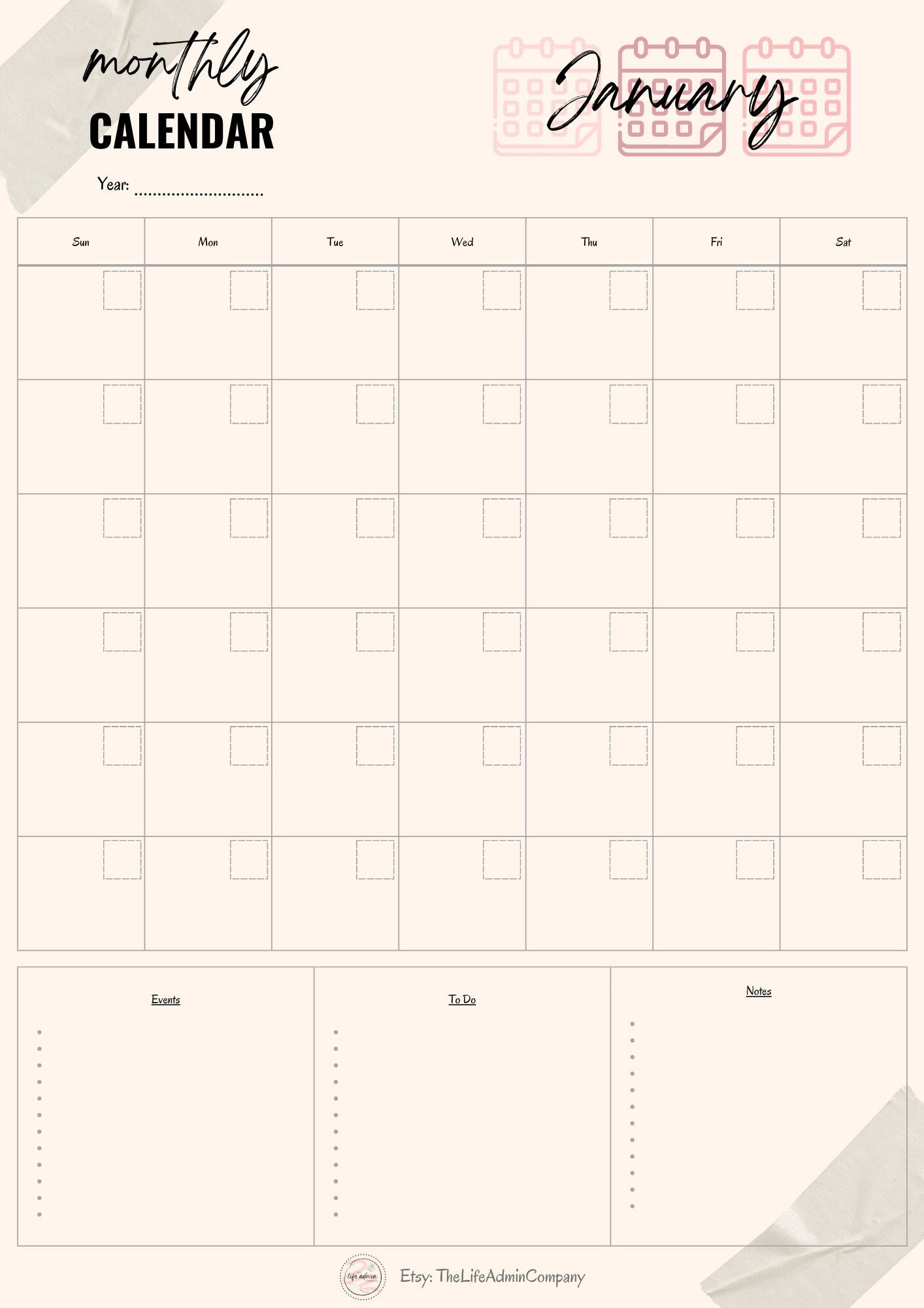 Monthly Calendar SUNDAY Start, Organisation, Planner, Diary, Journal, Instant Printable Download